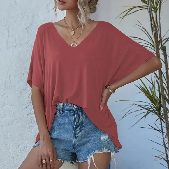 Solid V neck Oversized Top - Picture 2 of 12